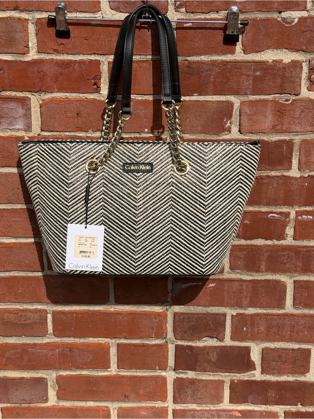 Calvin Klein Black and White Chevron Tote with Gold Accents